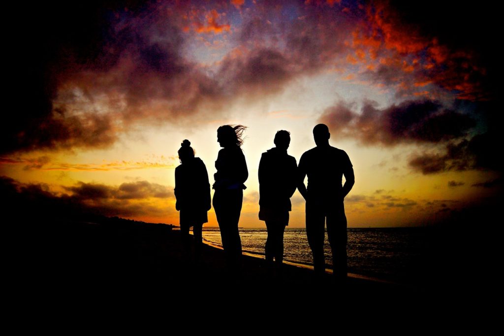 sunset, beach, silhouettes